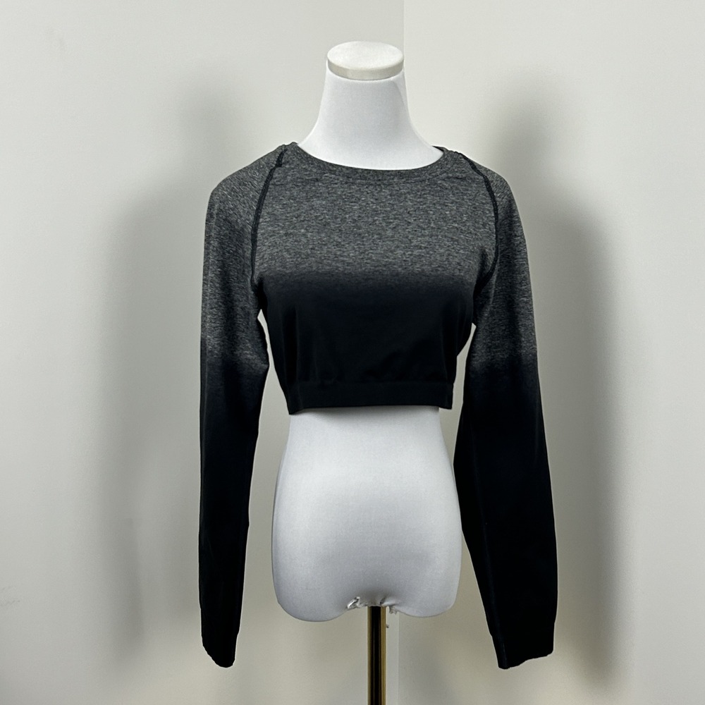 Gymshark Crop Top Womens XL Black Gray‎ Ombre Long Sleeve Stretch Performance